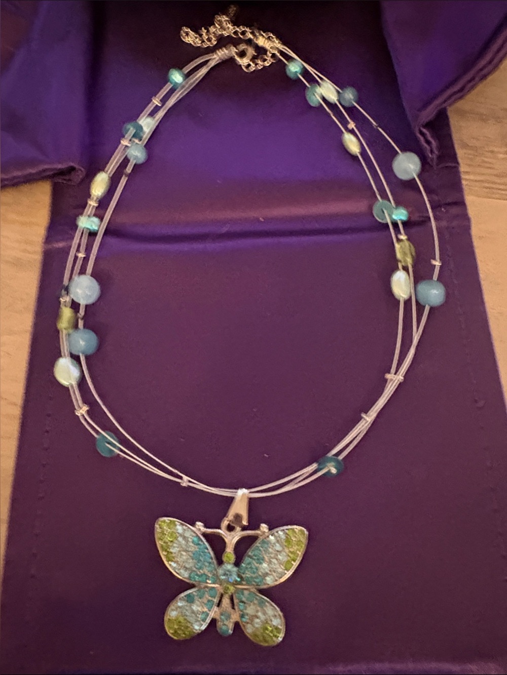 Hand Crafted Butterfly Pendant Multi-Strand Necklace in Blue and Green -EUC